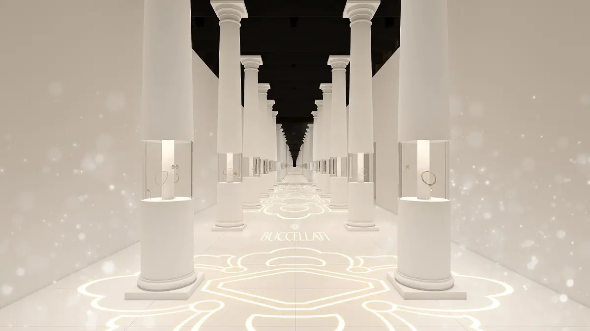 White interior of the exhibition with showcases