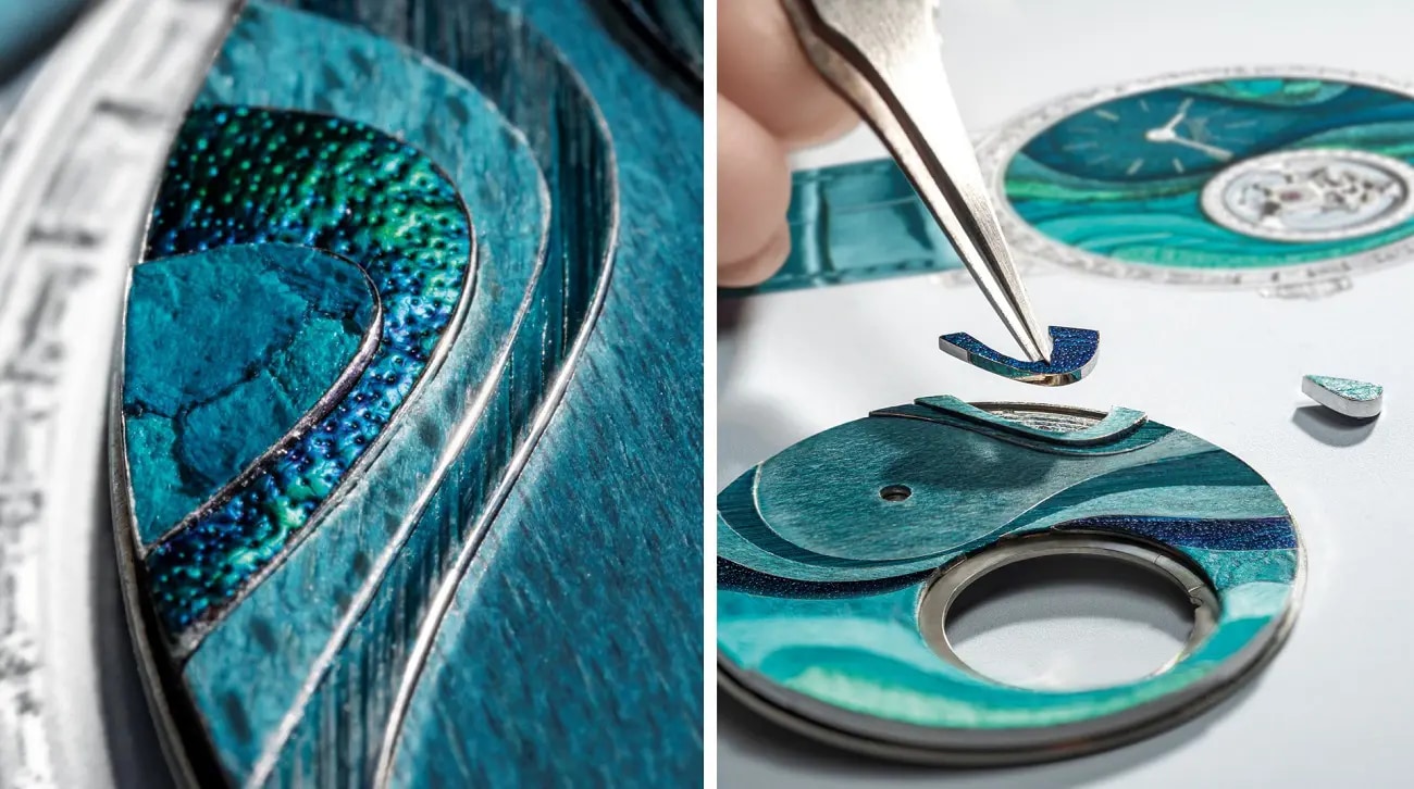 Assembling a dial of a watch with turquoise pieces