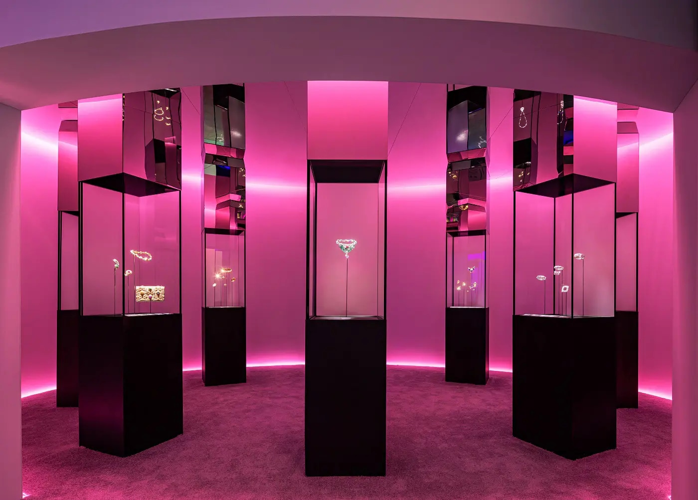 Showcase displaying jewellery in a pink light at an exhibition