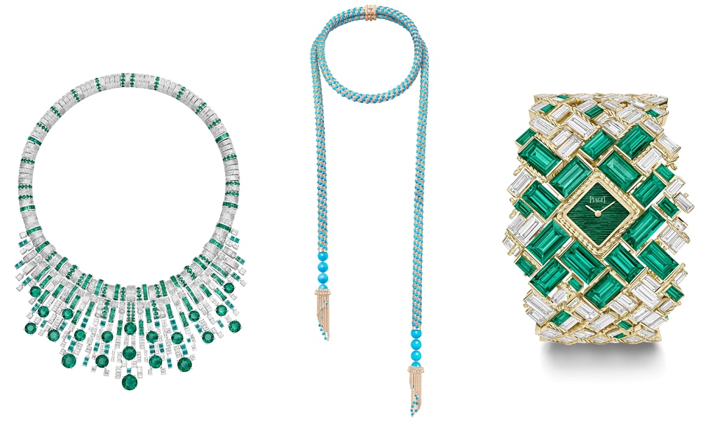 Two necklaces and a watch from Piaget Extraleganza collection, encrusted with diamonds, green and turquoise gemstones