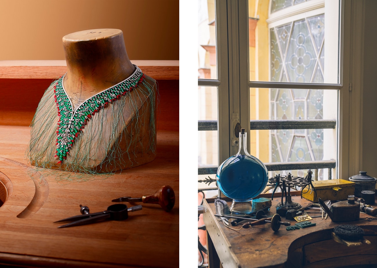 Two photos from a jewellery workshop with a necklace