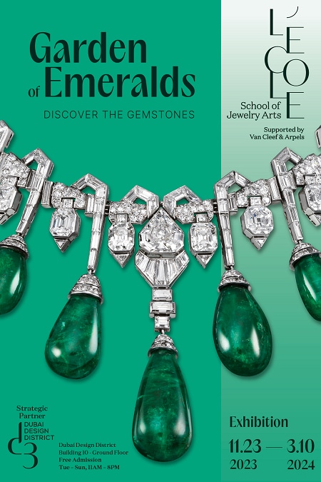 Garden of Emeralds banner with a necklace encrusted with diamonds and emeralds