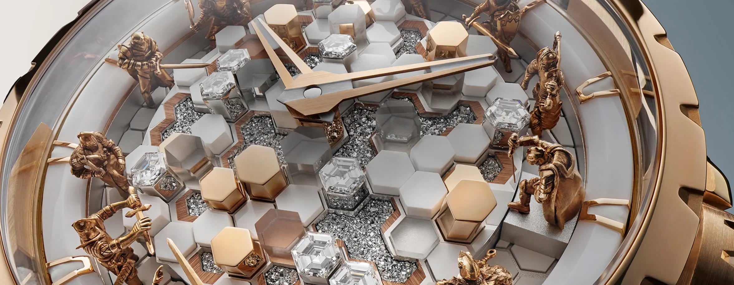 Image showcasing the exquisite craftsmanship of Roger Dubuis luxury watch, highlighting the intricate design of the face with its gold accents, geometric patterns, and miniature sculptures