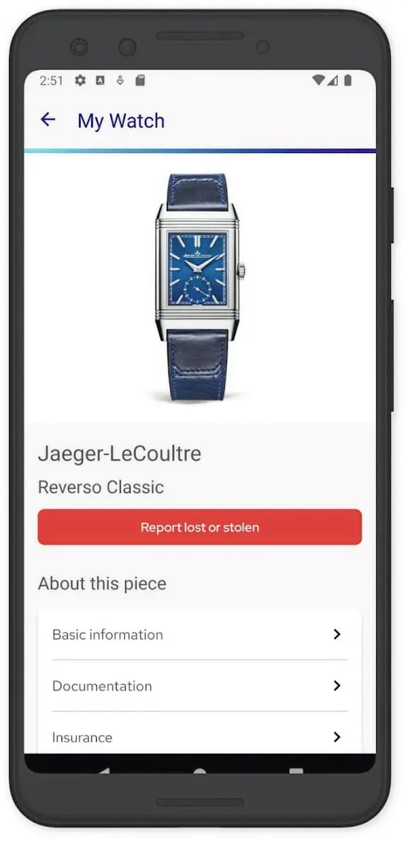 A smartphone with a watch view and possibility to report a loss
