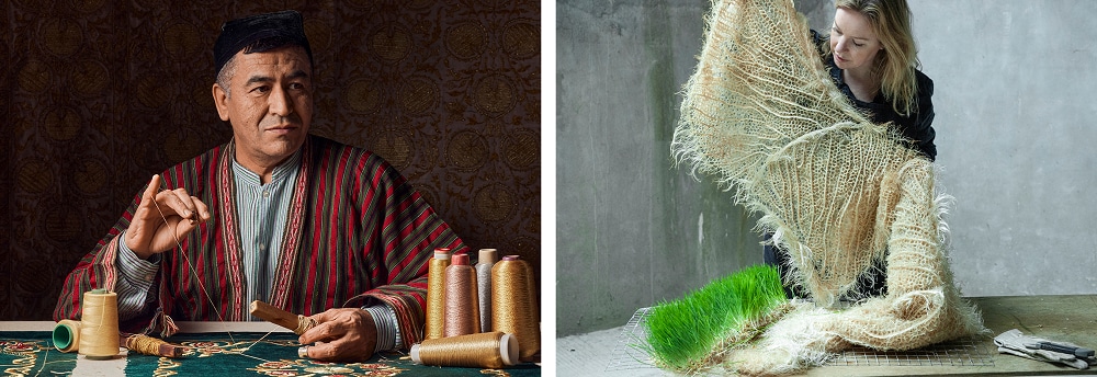 A man embroidering and a woman with pieces of material