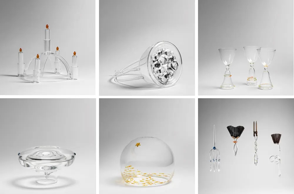 Six design objects made from glass
