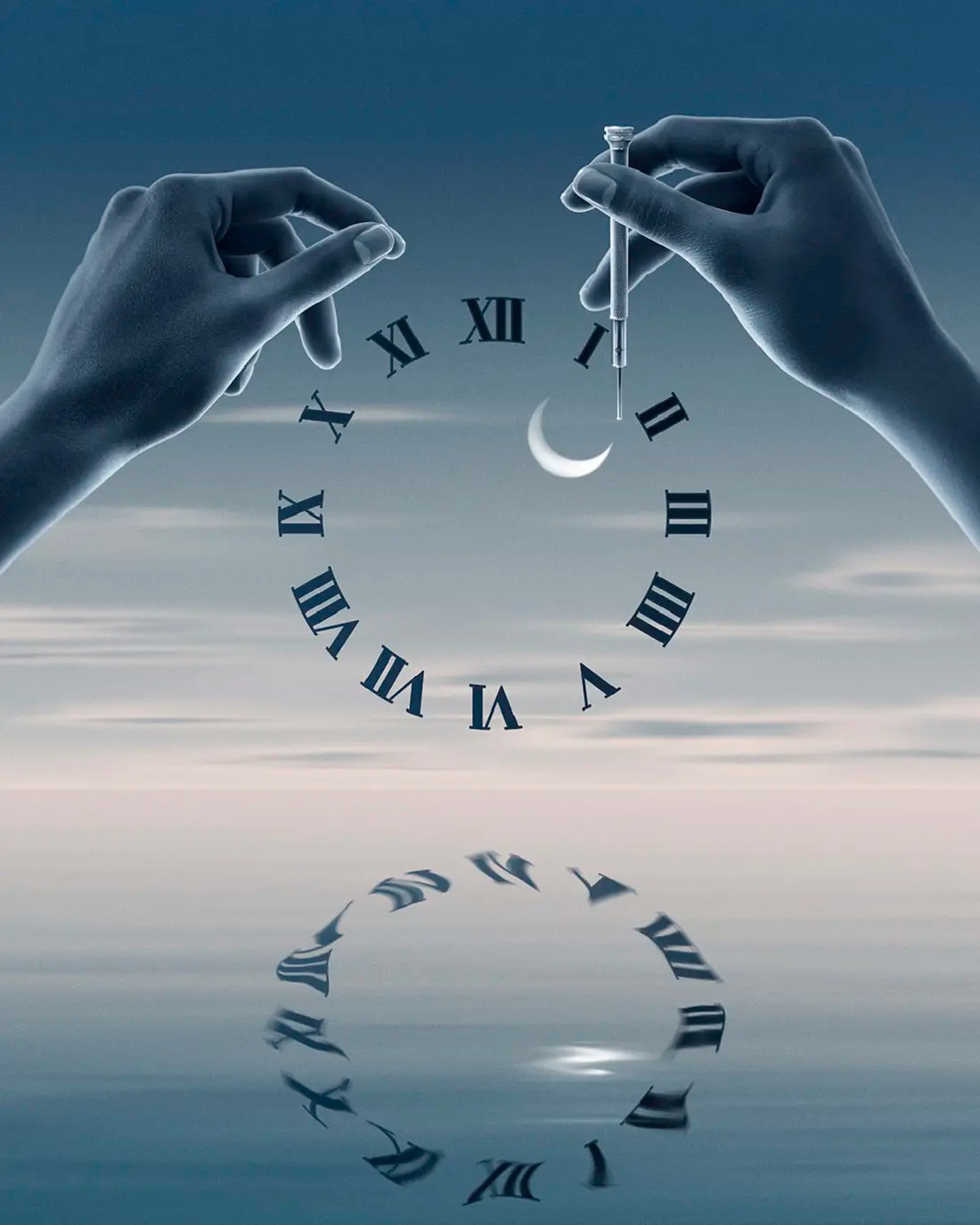 Hands holding a tool used for assembling watches, night sky and numbers from watch shield in the background