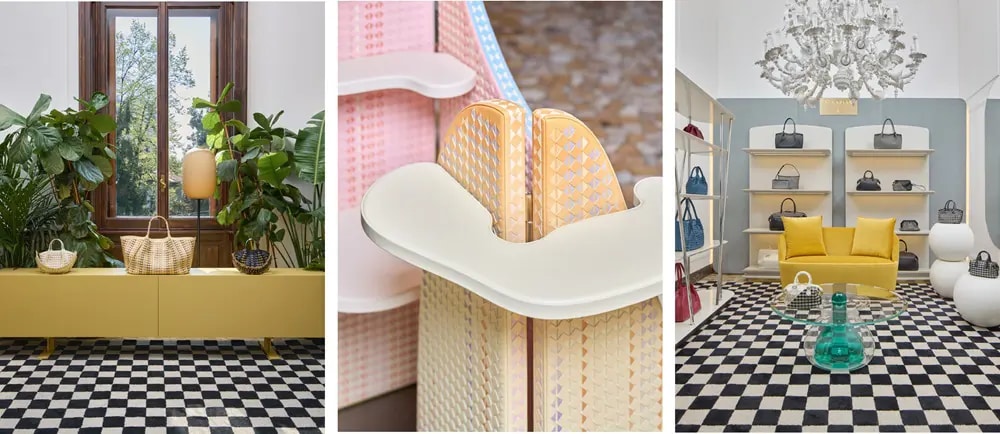 Photos of bags and mosaico paravent from the event