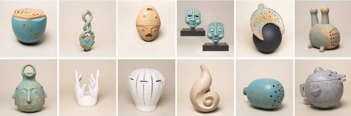 A collection of photos of twelve ceramic sculptures