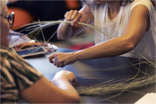 Two women weaving basket
